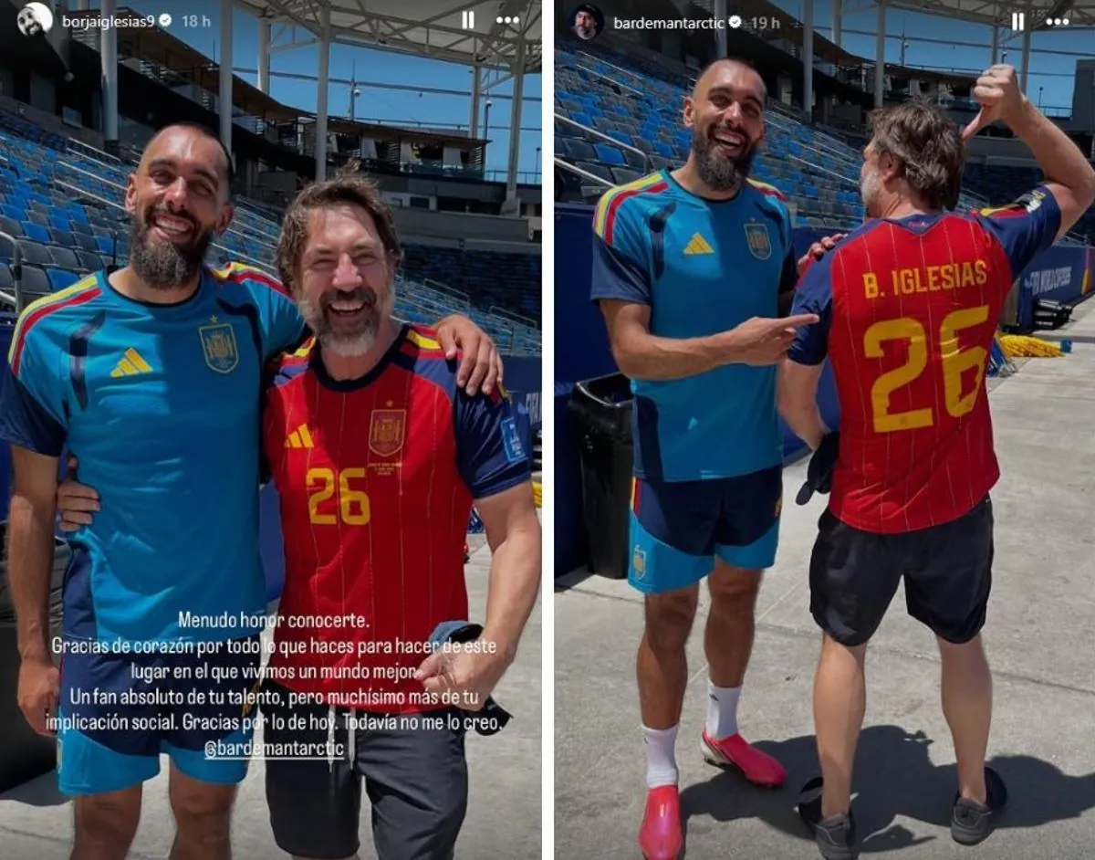 Publicaciones de Javier Bardem y Borja Iglesias sobre su encuentro.