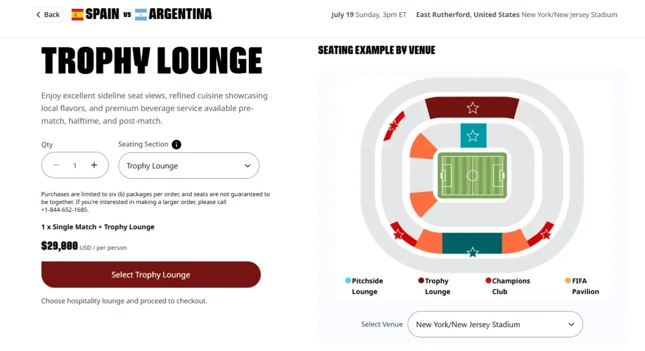 El paquete Trophy Lounge cuesta 29.000 dólares por persona.
