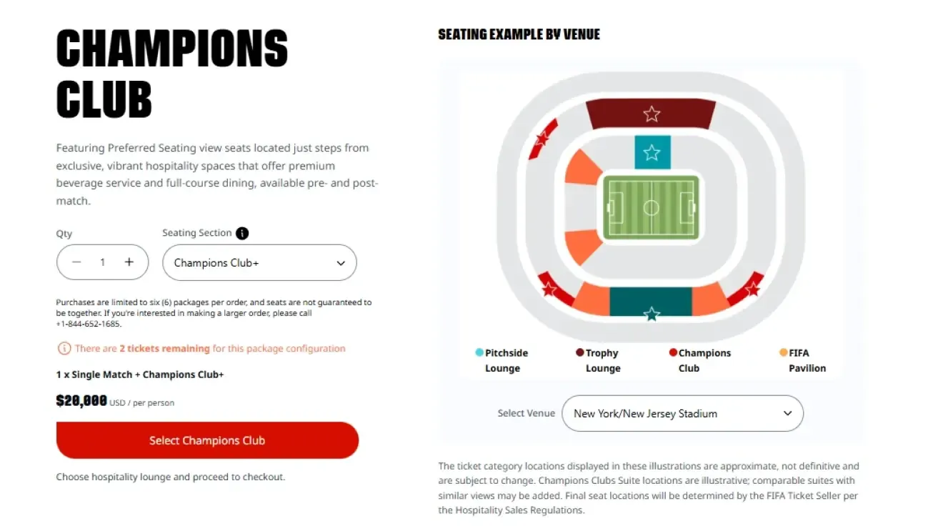Dos entradas disponibles con el paquete Champions Club: 20.000 dólares por persona.