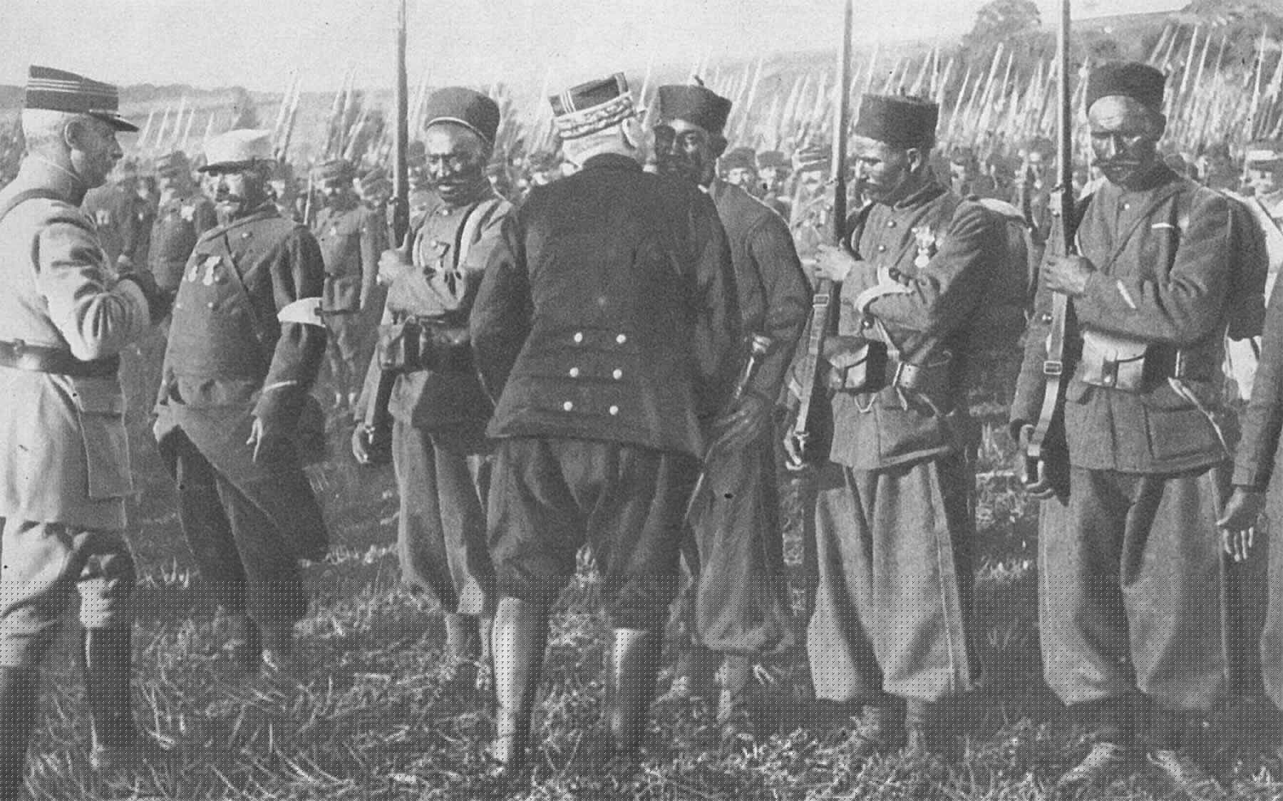Generalissimo Joseph Joffre with soldiers of the Moroccan Division in 1915