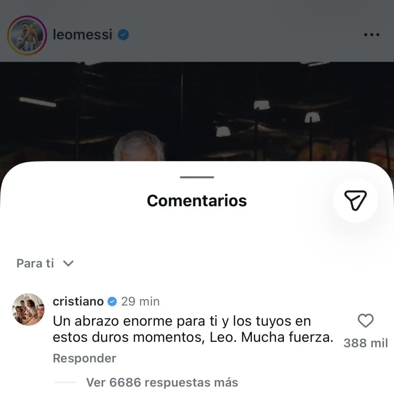 Comentario de Cristiano Ronaldo a la publicación de Leo Messi.